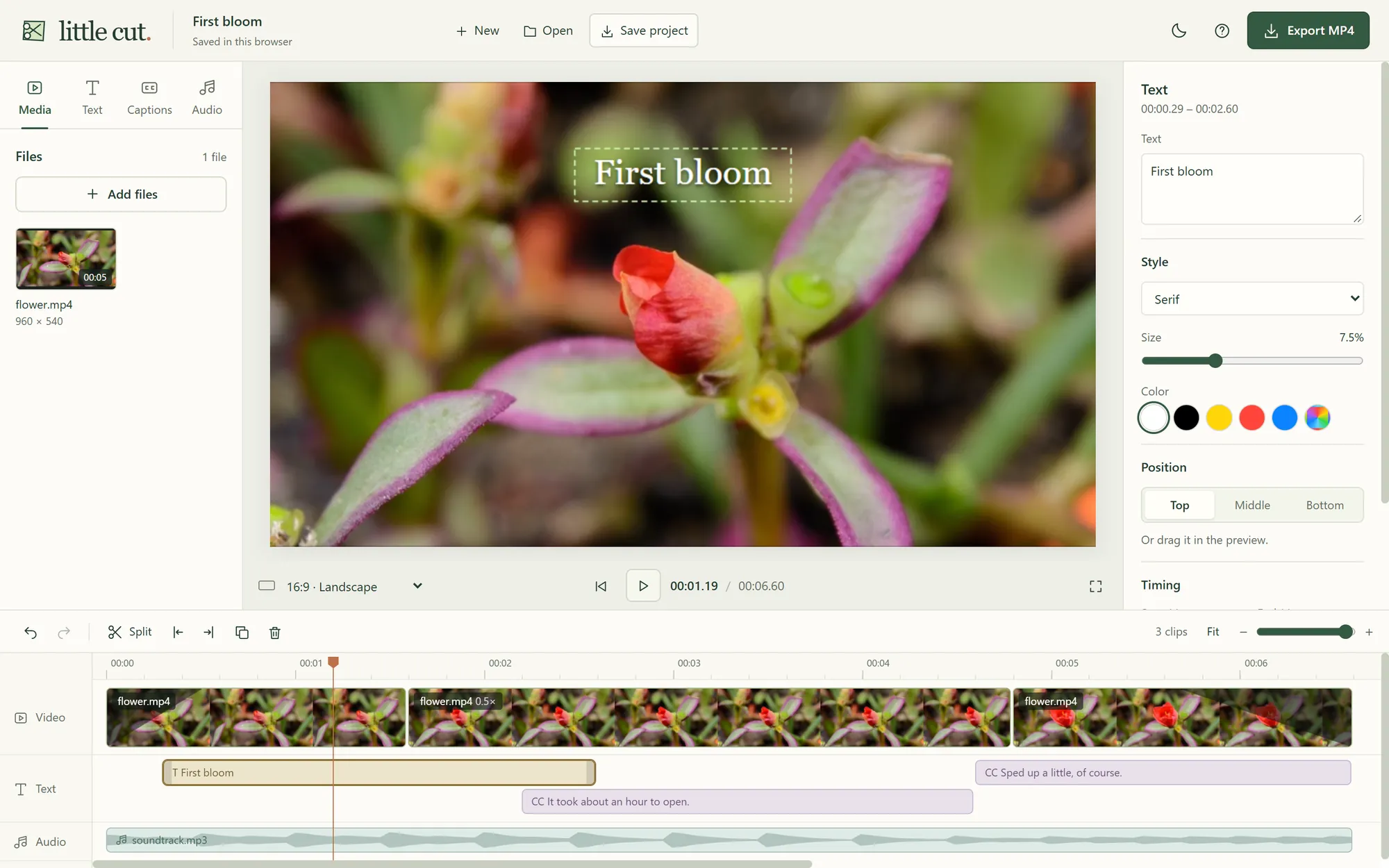 The Little Cut editor: a flower video split into three clips, a title and two captions on the timeline, and a soundtrack below them.